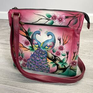 Anna Anuschka Red Peacock Paradise Hand Painted Leather Crossbody Purse Bag